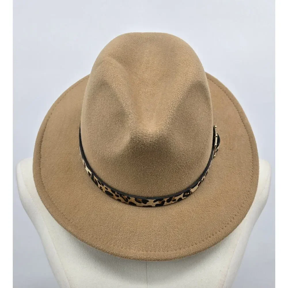 Camel Wool Fedora Hat with Leopard Print Band – Adjustable – Style PR107‎
